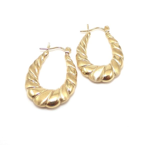 14K Yellow Gold Plain Brushed Oval Hoop Earrings - Picture 1 of 6